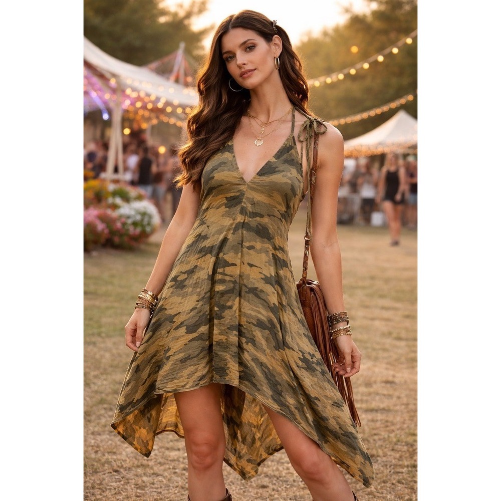 Lovestitch Camo Sharkbite Hem Halter Dress Green‎ Brown Cotton S/M Festival Boho